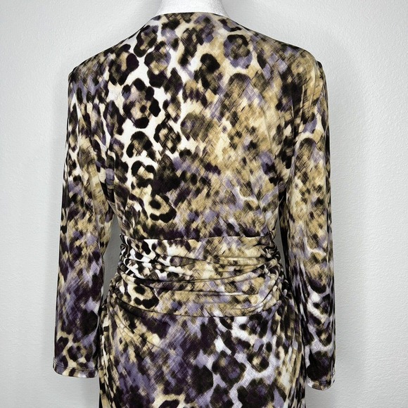 LAUREN Ralph Lauren Brown & Purple Leopard V-Neck 3/4 Sleeve Ruched Dress Sz 10 - Picture 6 of 11
